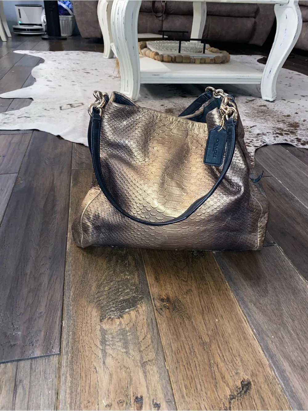 Coach Metallic Bronze Snake-Embossed Hobo with Black Strap